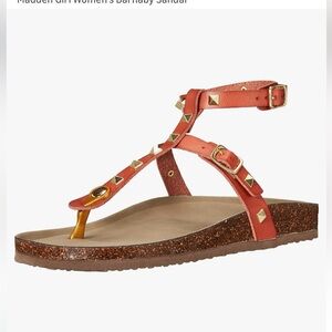 Madden Girl Barnaby Studded T-Strap Brown Sandals with Gold Studs